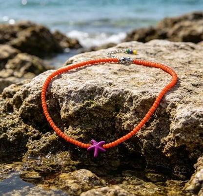 Seed Bead Choker Necklace for Women Bohemian Tiny Beads Choker Colorful Rice Bead Starfish Choker Summer Surfer Beach Necklace Jewelry Gift - color: Orange
