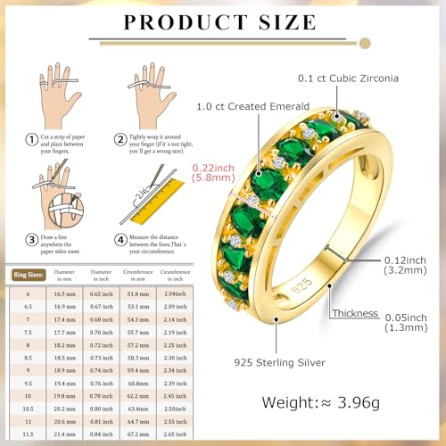 Amethyst Emerald Ruby Sapphire Wedding Band Anniversary Women Rings | 925 Sterling Silve|Hypoallergenic|Standard Size|Ruby|Sapphire|Emerald|Wedding Anniversary Jewelry|Genstone Ring|Holiday Gifts - color: Emerald & Gold