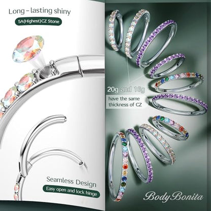 316L Stainless Steel 5A CZ Nose Rings Hoops Conch Helix Piercing Jewelry | Cartilage Earrings Tragus Rook Daith Piercing Jewelry, Septum Clicker Silver/Black/14K Gold Plated, 6-12mm, 16G/18G/20G - color: Silver, AB CZ(5A), 20G, size: 20g(0.8mm)-8mm-TopPic