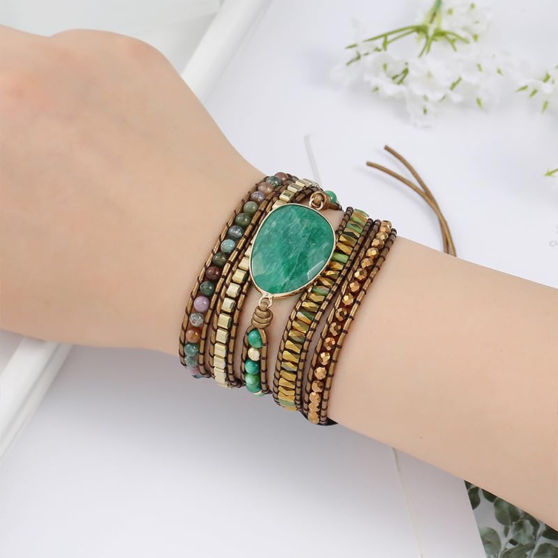 Women Wrap Bracelet Boho Natural Jasper Crystal Stone Beads Strand Bracelets - color: Style 22-Green #3
