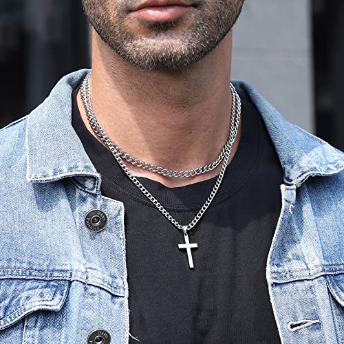 Zocomi Cross Necklace for Men Boys, Stainless Steel Layered Cuban Link Herringbone Chain Cross Pendant Christian Fashion Jewelry Gifts 16-24 Inches - color: Silver, size: 20inch/22inch, style: Cuban+Cuban