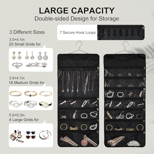 Hanging Jewelry Organizer Storage Roll 41 Pockets and 7 Necklace Hooks with Detachable Hanger Double-Sided Foldable, Travel Jewelry Holder for Earrings, Rings, Bracelets, Hanging on Closet, Wall, Door - size: 41 Dual Zippered Pockets