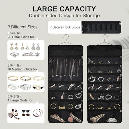 Hanging Jewelry Organizer Storage Roll 41 Pockets and 7 Necklace Hooks with Detachable Hanger Double-Sided Foldable, Travel Jewelry Holder for Earrings, Rings, Bracelets, Hanging on Closet, Wall, Door - size: 41 Dual Zippered Pockets