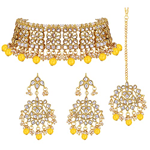 Aheli Elegant Indian Faux Kundan Studded Choker Necklace with Maang Tikka Set Ethnic Wedding Wear Bharatanatyam jewellery set Gift for Women - color: Yellow
