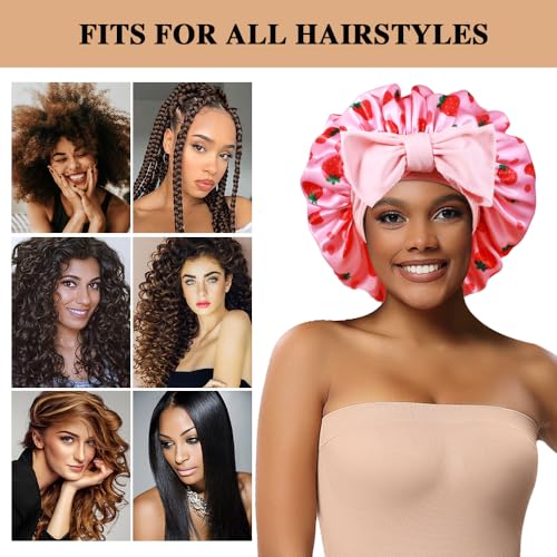 2+3 Large Satin Bonnets with Scrunchies for Women, Hair Bonnet Sleeping Tie Bonnet for Braids Curly Hair - color: K - Strawberry Pink, Stripes