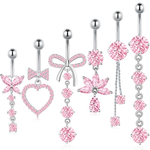 Dangle Belly Button Ring Surgical Stainless Steel Dangly Belly Rings for Women Dangling Heart Bow Butterfly Navel Belly Piercing Jewelry 14G - color: Silver Tone Pink CZ