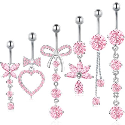 Dangle Belly Button Ring Surgical Stainless Steel Dangly Belly Rings for Women Dangling Heart Bow Butterfly Navel Belly Piercing Jewelry 14G - color: Silver Tone Pink CZ