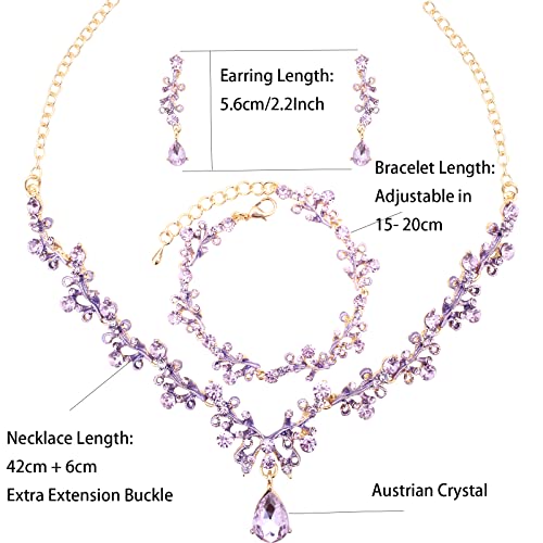 3Pcs Austrian Crystal Jewelry Set for Women, Necklace Dangle Earrings Link Bracelet Jewelry Set with Gold/Platinum/Gun Plated, Wedding Party Jewelry for Bridal Bridesmaid - color: Violet-Gold Plated