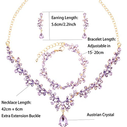 3Pcs Austrian Crystal Jewelry Set for Women, Necklace Dangle Earrings Link Bracelet Jewelry Set with Gold/Platinum/Gun Plated, Wedding Party Jewelry for Bridal Bridesmaid - color: Violet-Gold Plated