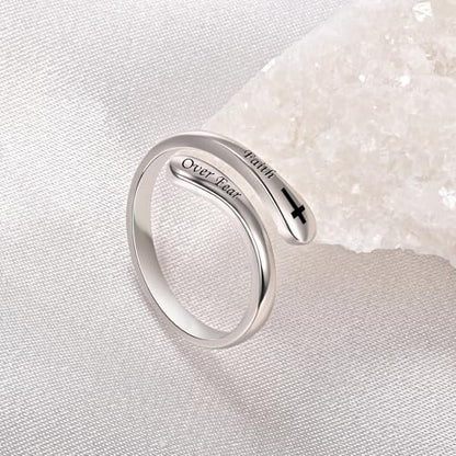 Fookduoduo 925 Sterling Silver Ring Inspirational Jewelry adjustable Wrap Open Rings for Women - style: Faith Over Fear