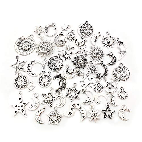 100 pcs Craft Supplies Mixed Antique Silver Sun Moon Stars Charms Pendants for Crafting Jewelry Findings Making Accessory for DIY Necklace Bracelet (M417) - color: Moon Sun Star