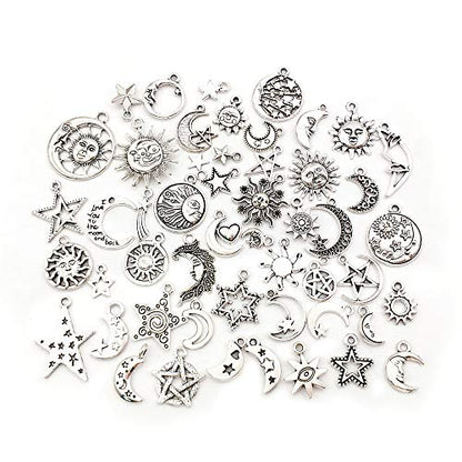 100 pcs Craft Supplies Mixed Antique Silver Sun Moon Stars Charms Pendants for Crafting Jewelry Findings Making Accessory for DIY Necklace Bracelet (M417) - color: Moon Sun Star