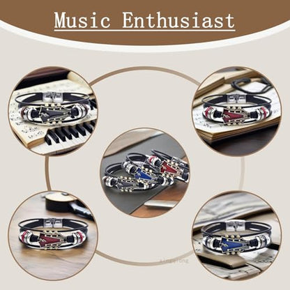 3 Set Retro Guitar Leather Bracelet For Man, Handmade Braided Zinc Alloy Rock Music Multi-Layer Wrap Bracelets Unique Punk Style Gifts Jewelry - color: Retro Red