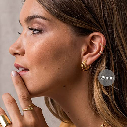 Chunky Gold Hoop Earrings for Women 14k Gold Plated Thick Triple Earrings | Hypoallergenic Trendy Chunky Gold Hoops Earrings,Dainty Jewelry Gifts for Women - style: 25MM/tripe hoop earrings