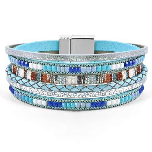 VIBILIA Boho Leather Wrap Bracelets for Women Multi-Layer Bracelets | With Strong Clasp Jewelry for Women - color: 03-BohoBraid-Blue