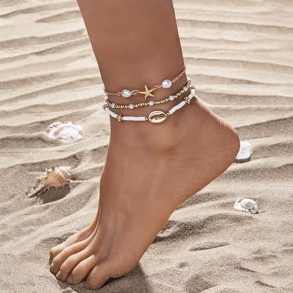 Boho Shell Ankle Bracelet Set for Women Adjustable Gold Plated Stackable Hawaiian Beach Vacation Pearl Seashell Starfish Foot Jewelry Gifts - color: Set B