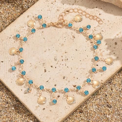 Ankle Bracelets for Women Gold Anklet Set Boho Vacation Gift | Gold anklet set for women 5 styles with matching gift pouch.Boho adjustable non-tarnish jewelry.Perfect present idea. - color: Blueshell