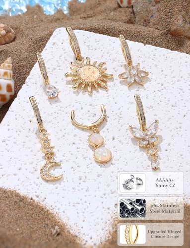 JOERICA 6 Pcs 14G Clicker Belly Button Ring for Women 316L Surgical Steel Butterfly Snake Evil Eye Heart CZ Opal Dangle Belly Button Rings Simple Reverse Navel Rings Body Belly Piercing Jewelry - color: Gold Tone B