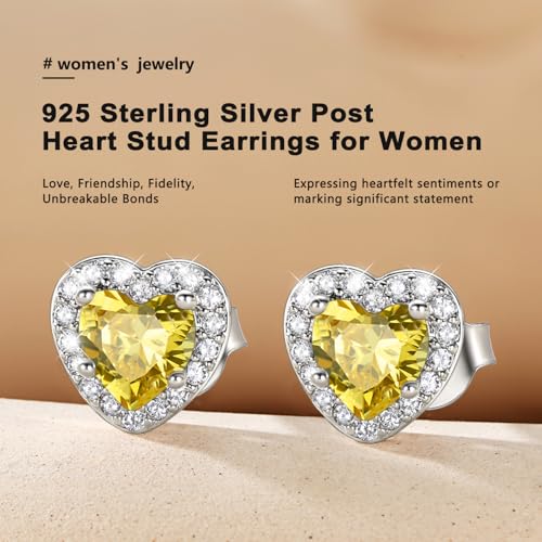 Bestyle 8mm Small Birthstone Earrings for Women with Hypoallergenic Sterling Silver Post,Sparkle Heart/Round Womens Studs Earrings, Great Birthday/Christmas/Anniversary Jewelry for Wife Mother - color: 11. Nov. Yellow Topaz-Heart
