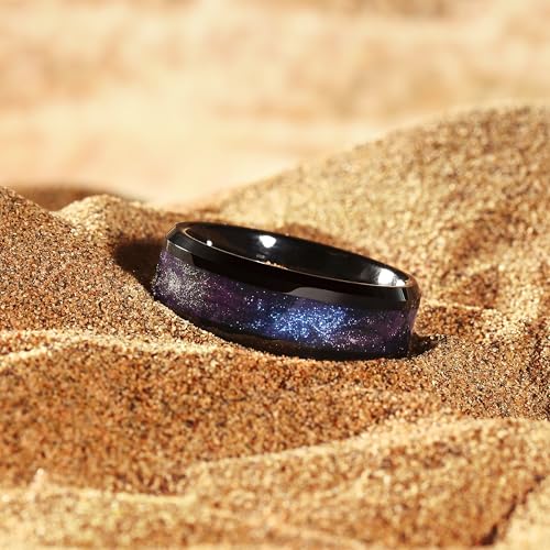 King Will Mens Galaxy Tungsten Wedding Band | 6mm/8mm, Beveled Edge, Comfort Fit, Durable, Sandstone Opal Inlay Polished, Everyday Wear - color: Black&Purple&Blue