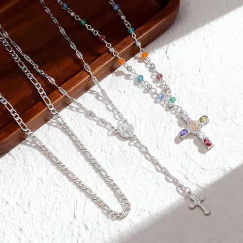 Silvery Layered Necklace for Women, Y Necklace with Cross Pendant, Dainty Stackable Jewelry Gift for Everyday Wear - style: 3PCS - Paper Clip Chain&Colorful Cross&Cross Y Chain