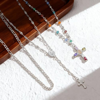 Silvery Layered Necklace for Women, Y Necklace with Cross Pendant, Dainty Stackable Jewelry Gift for Everyday Wear - style: 3PCS - Paper Clip Chain&Colorful Cross&Cross Y Chain