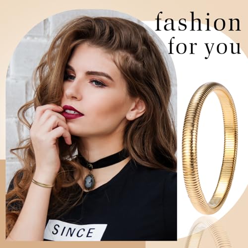 NMQLX Women's Elastic Bangle Bracelets: Stainless Steel Gold Chunky Wristband Bracelets - color: Gold - 8mm