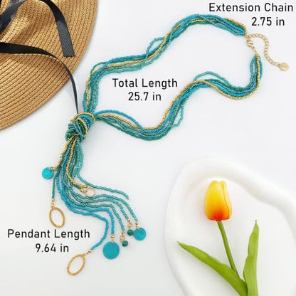 Coiris Long Seed Beaded Multi Strand Necklace,10 Multiple Statement Long Bib Necklace with Tie Knot for Women and Girls Jewelry - color: Teal