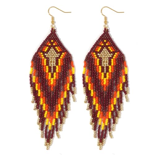 Bohemian Tassel Colorful Beaded Earrings For Women Trendy, Long Fringe Feather Drop Jewelry Handmade Gifts. - color: color3