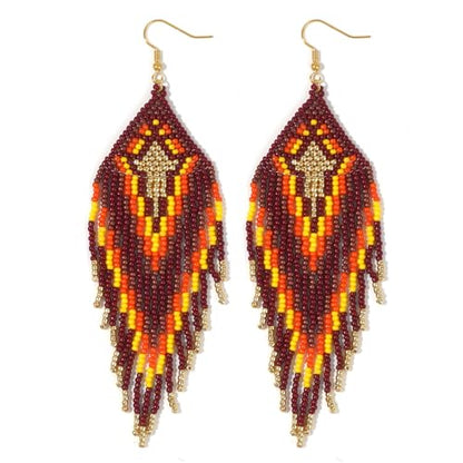 Bohemian Tassel Colorful Beaded Earrings For Women Trendy, Long Fringe Feather Drop Jewelry Handmade Gifts. - color: color3