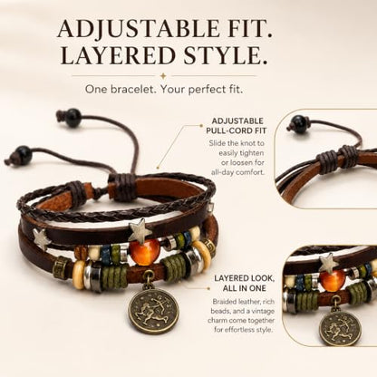 Zodiac Bracelet for Men Women, Adjustable Faux Leather Braided Wrap Bracelet with Vintage Astrology Charm, Gift Jewelry - style: Taurus