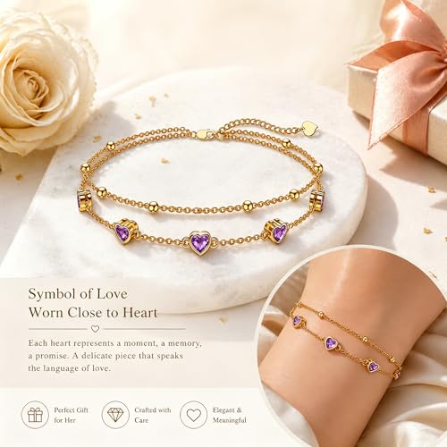Midari 18K Yellow Gold Gemstone Birthstone Anklet Bracelet Heart Jewelry with 12 Months Birthstone Birthday Gifts for Women Wife Her Daughter Mom - color: 02-Feb-Amethyst, size: Bracelet 7"-9"