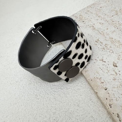 Leather Bracelet for Women Black Leather Golden Bracelet Bangle Chunky Leather Wrap Bracelet for Women Statement Jewelry Gift - style: Horse Hair Leather Bracelet-Dotted