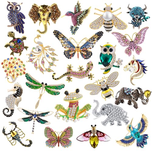 24 Pcs Vintage Animal Brooch Women Brooches Bulk Set Rhinestone Pin Crystal Brooch for Women Girls