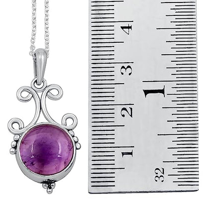 Natural Round Gemstone Pendant Necklace for Women, 925 Sterling Silver | Solitaire Birthstone Jewelry With 18 Inch Chain, Handmade Semi Precious Stone Pendant, Jewelry Gift for Mom, Wife & Sister - color: Amethyst