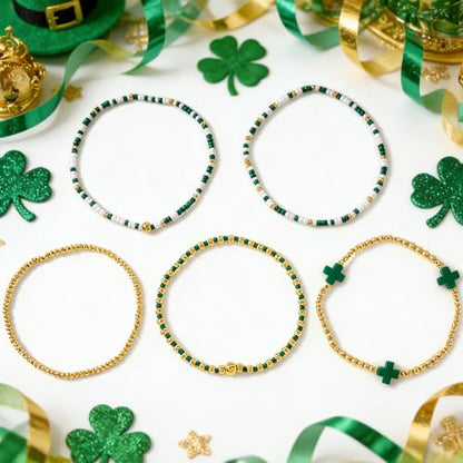 Gold Beaded Bracelets Stack for Women Stackable 14K Gold Plated Beads Ball Cross Bracelet Boho Christian Jewelry Faith Friendship Birthday Gifts for Women - color: St Patricks Day