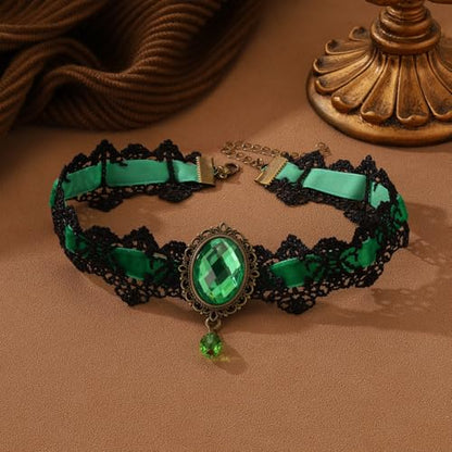Gothic Lace Choker Vampire Necklace for Women,Black Lace Red Crystal Pendant Necklaces for Halloween,Goth Black Necklace Jewelry Witch Costume Vampire Accessories - style: Style Green