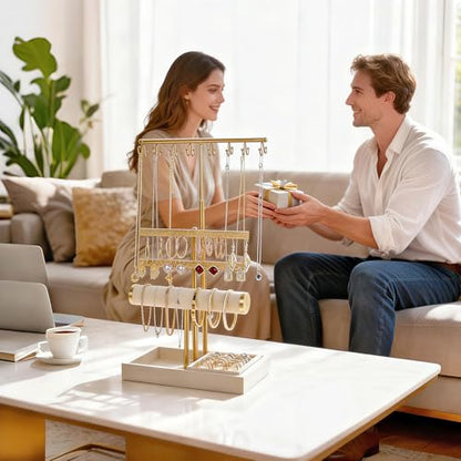 3 Tier Jewelry Organizer Stand with Ring Tray - Adjustable Tall 17.7" (Max), Jewelry Holder for Necklace, Bracelet, Earring, Ring Storage, Jewelry Display Storage Stand for Women