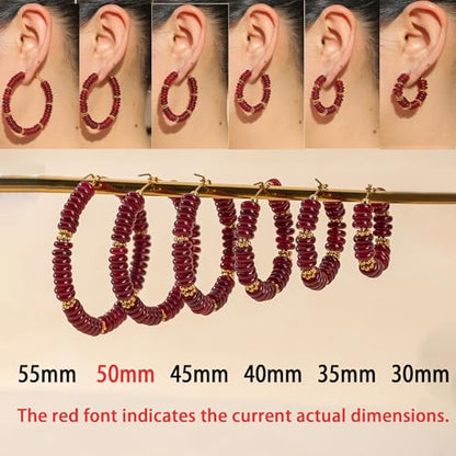 Wellike Beaded Hoop Earrings for Women Natural Stone Pink Gold Huggie Earrings Hypoallergenic Dainty Waterproof Trendy Jewelry - color: Burgundy, size: 50mm