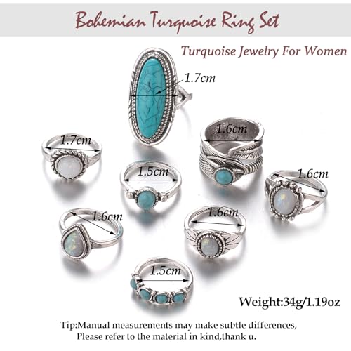 Bohemian Turquoise Ring Set for Women,Vintage Western Rings Chunky Turquoise Opal Stackable Knuckle Ring Set Punk Midi Finger Ring Pack Boho - style: Ring set-A