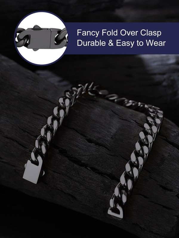 Bandmax Mens Hip Hop Cuban Link Bracelets 5/7/9/12MM Stainless Steel Miami Curb Chain Bracelet Silver/Gold Plated/Black Wristlet Chains for Men 7"-9" - color: 08 9MM-Black
