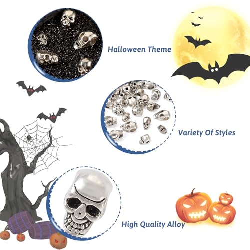 Elecrelive 50Pcs Alloy Skull Beads Skeleton Head Beads 10 Styles Antique Silver Halloween Charms for Gothic Necklace Bracelets Earrings Jewelry Making - color: Antique Silver