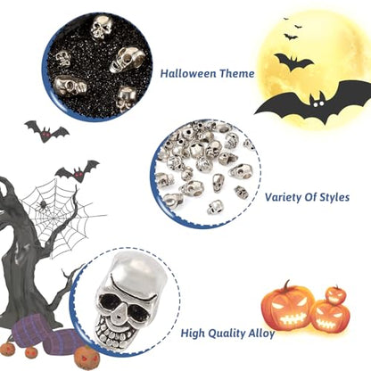 Elecrelive 50Pcs Alloy Skull Beads Skeleton Head Beads 10 Styles Antique Silver Halloween Charms for Gothic Necklace Bracelets Earrings Jewelry Making - color: Antique Silver