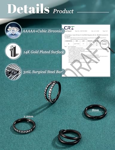Dochais 4PCS 18G Nose Rings Hoops, Surgical Steel Earrings Tragus Septum Piercing CZ Clicker Ring, Hinged Segment Conch Lip Cartilage Double Hoops 8mm 10mm for Women Men - color: Black, size: 16G(1.2mm),8mm