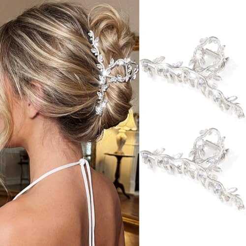 CAKURE Silver Hair Clips Rhinestone Claw Clip Large Fancy Hair Clip Claw Bride Wedding Hair Accessories for Women (Pack of 2) (c-silver) - color: c-silver