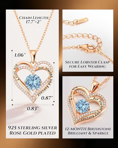 CDE S925 Silver Engraved Forever Love Heart Birthstone Necklaces for Women | 5A CZ,Hypoallergenic,Nickel-Free & Lead-Free Pendant,Anniversary Christmas Wedding Birthday Gift for Wife Girlfriend - color: 03-Mar, style: Rose Gold Plated