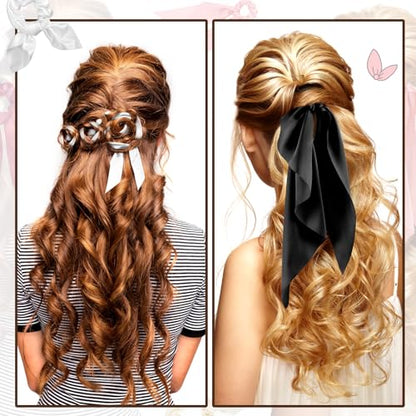 MTLEE 12 Pcs Hair Accessories for Women Hair Bows Scrunchies Scarf Ties Bunny Ears Silk Satin Scrunchies Ribbons Scarf Ties with Bows for Women Lady(Black and White) - color: Black and White