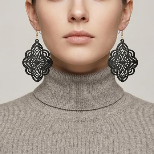 Boho Black Filigree Dangle Earrings for Women, Lightweight Hollow Lace Drop, Wood, 3.34" x 1.69", Bohemian Jewelry - color: Black