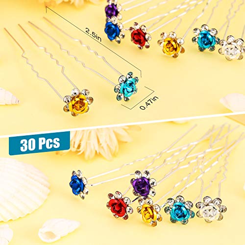 Chuangdi 30 Pieces Rhinestone Hair Pins Bridal Wedding Crystal Clips Rose Flower Crystal U Shaped Bobby Pins Decorative Hairpin Accessories Jewelry Barrette for Bride Women Bridesmaids