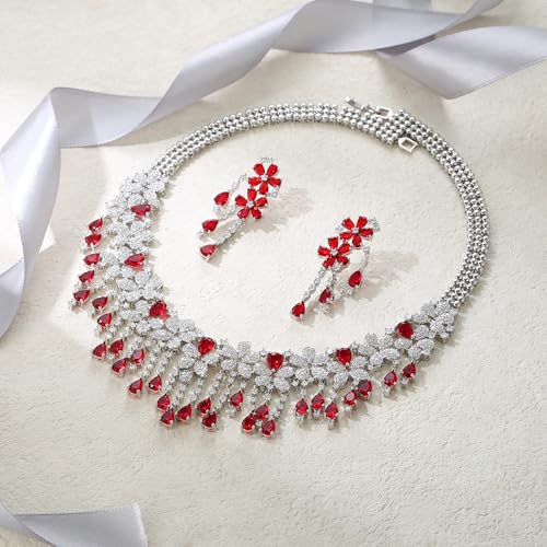 EVER FAITH Bridal Jewelry for Bride Bridesmaid, Elegant Cubic Zirconia Birthstone Cluster Flower Teardrop Wedding Party Necklace Dangle Earrings Sets for Women - color: Red